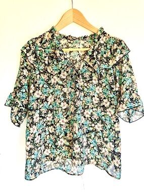 Zara Black Floral Ruffle Button-Front Blouse with Teal & Cream Accents